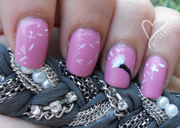 Girly Pink Base White Dandelion Nail Art Design. 