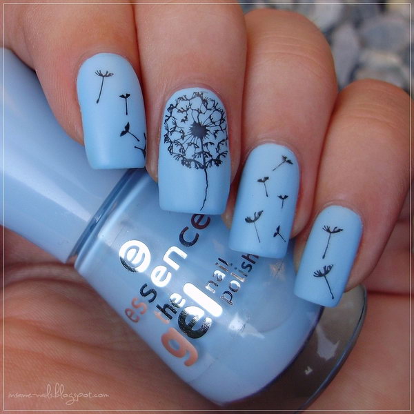 Blue Matte Dandelion Puff Nail Design. 