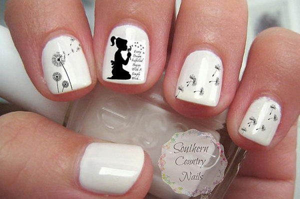 White Dandelion Nail Art. 