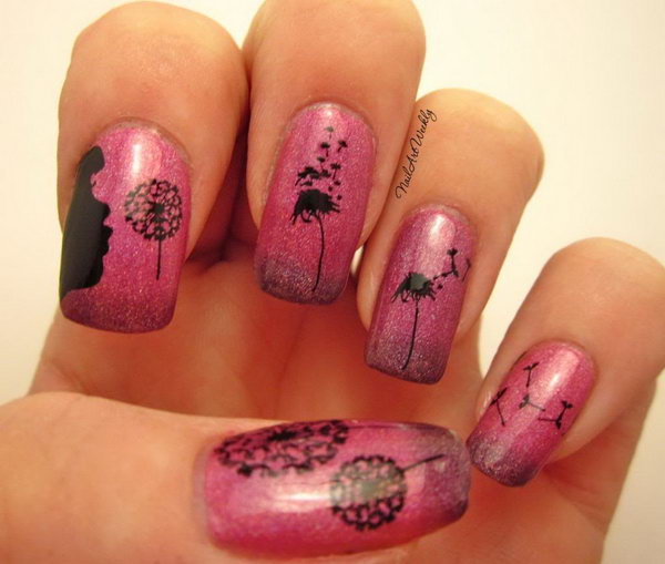 Pink Shimmer Black Blowing Dandelion Silhouette Nail Art. Get more details 