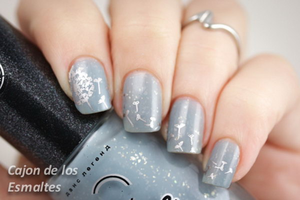 Silver Dandelion Nail Design. 