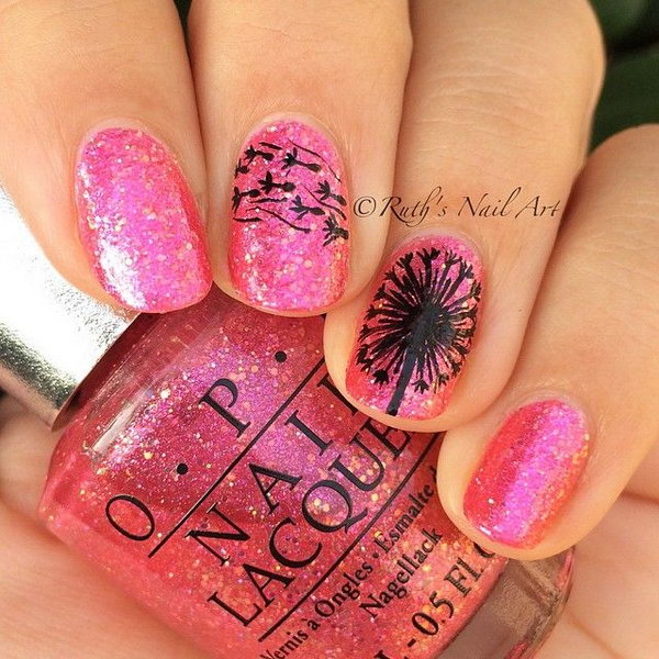 Pink Glitter Nails with Black Dandelions. 