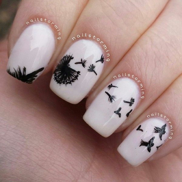 Dandelion and Flying Birds Accent Nails. 
