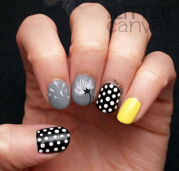 Dandelion and Polka Dots Nail Art. See the tutorial 