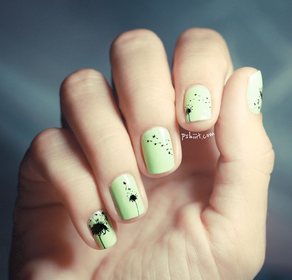 Mint Green and Black Dandelion Nail Art. 