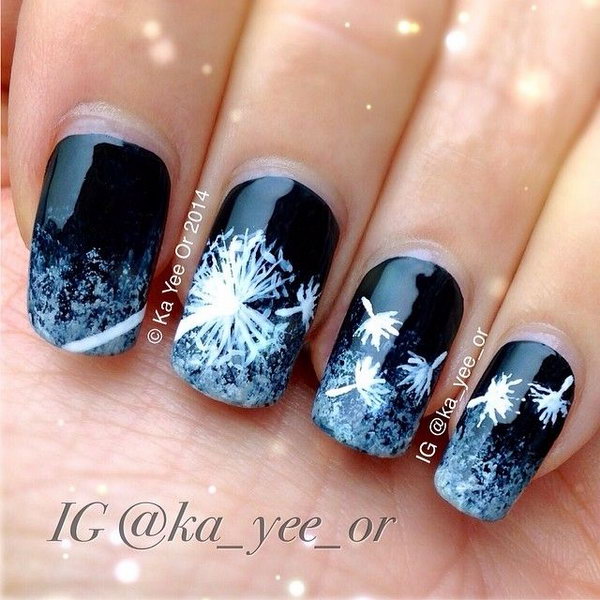 Black and White Dandelion Nail Art. 