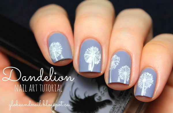 Purple Background Dandelion Nail Art. See the tutorial 