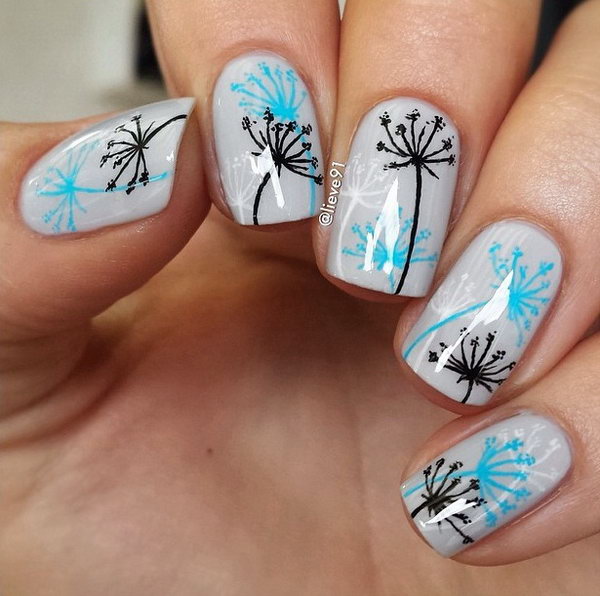 Gray Nails with Blue and Black Dandelions. 