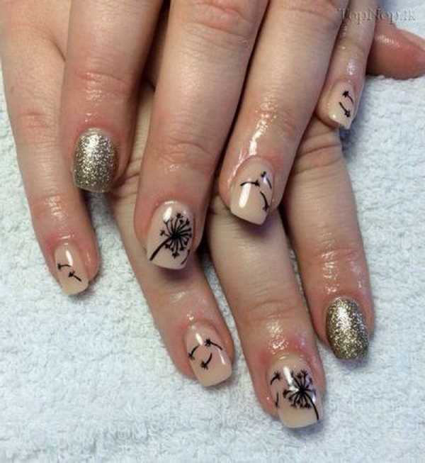 Gold Glitter and Nude Nails with Dandelions. 