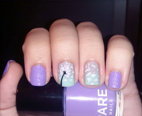 Purple and Mint Green Dandelion Nail Art. 