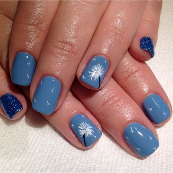 Blue Matte Dandelion with Glitter Nail Art. 