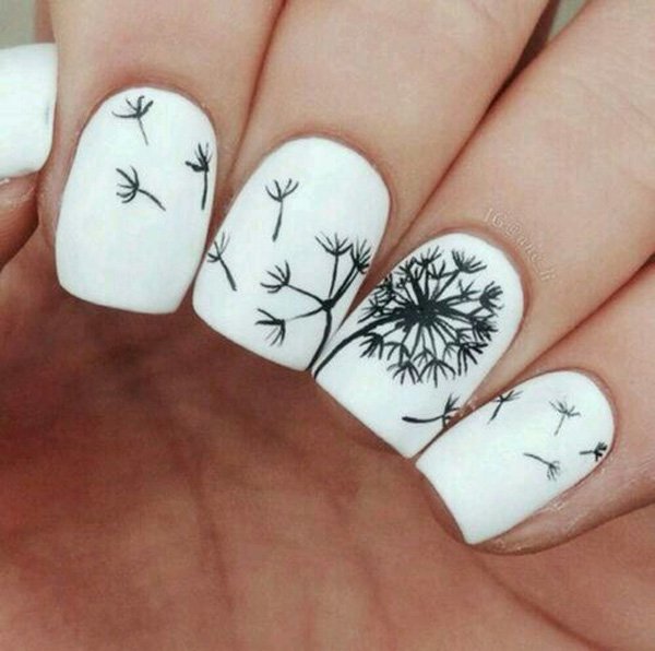Black and White Dandelion Inspired Nail Art. 