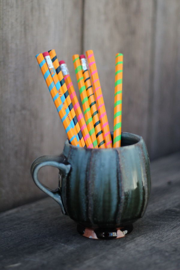 Striped Pencils. Add a unique look to your pencil with these easy strips. Choose whatever bright colors you please. Learn how to make it 