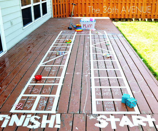 DIY Outdoor Board Games. You can make this board with tape and chalk to specify the rules for the activity according to children’s suggestions and interests. They will have a lot of fun joining this interesting game on hot summer days. 