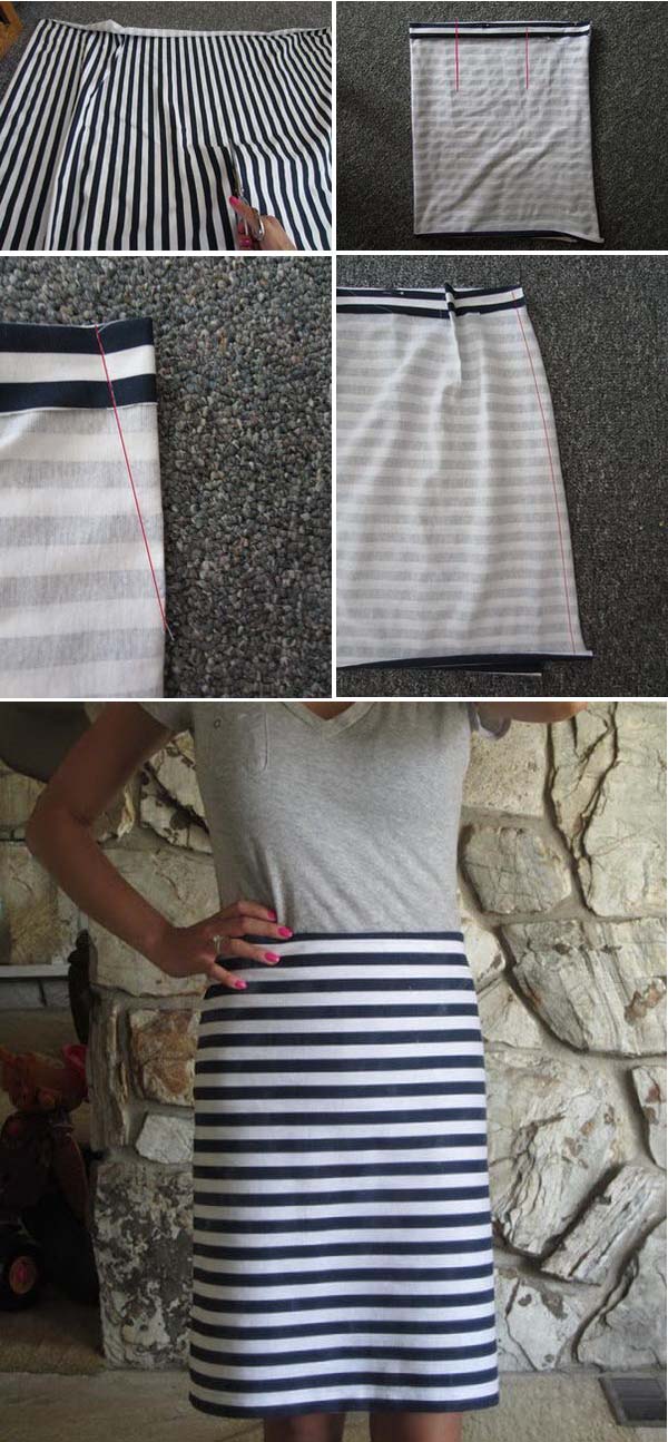 Navy Blue and White Stripped Pencil Skirt. See the tutorial 