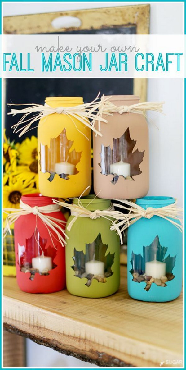 Fall Mason Jar Crafts. Simple way to paint mason jars in fall color families. Love the leaf shape on the jars. Dress up your table with these fabulous mason jar centerpieces! 