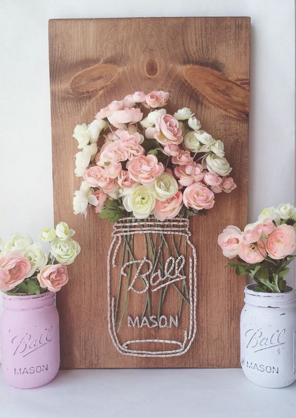 Mason Jar String Art with Faux Flowers 