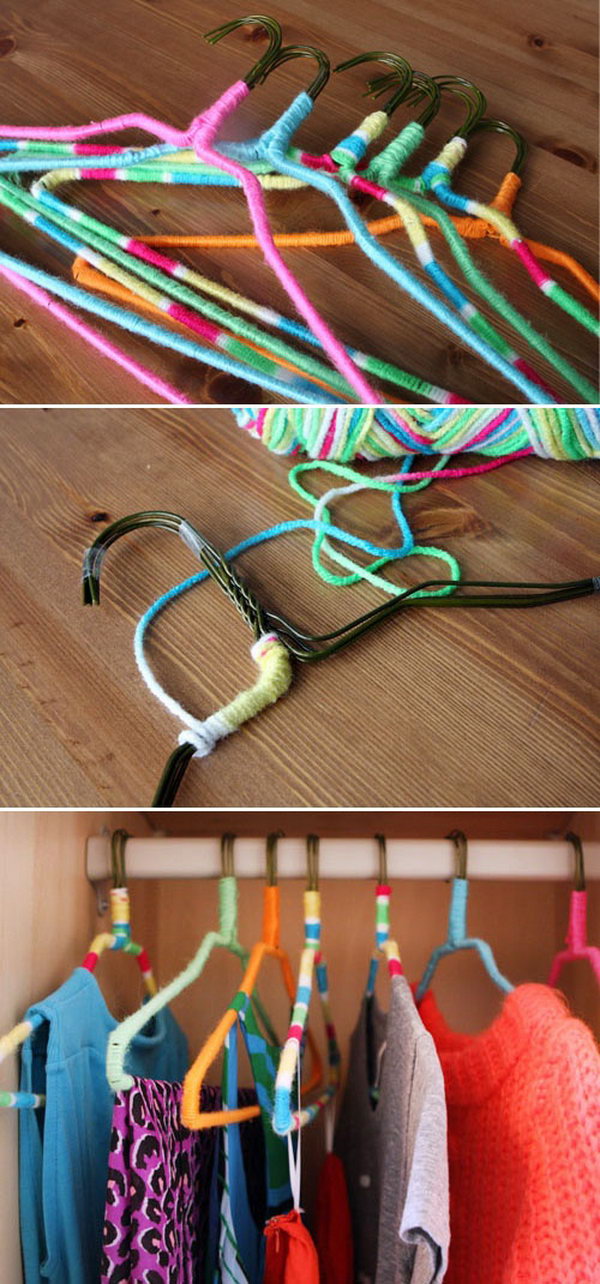 DIY Nonslip Hangers Using Neon Yarn. Upgrade your wire hangers to beautiful nonslip hangers and add color to your closet with this simple DIY tutorial. It's also a perfect way to protect your delicate silk clothes from damage. Tutorial via 