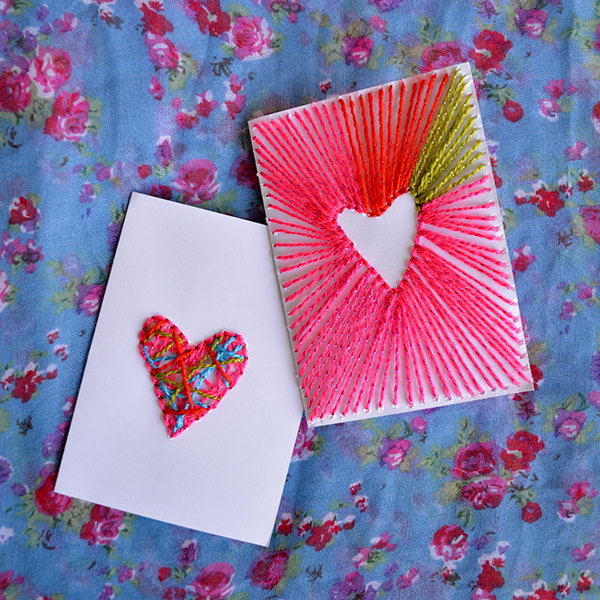 DIY Neon String Art Valentine's Cards. Show your love on the special day with these easy but beautiful heart cards. Tutorial via 