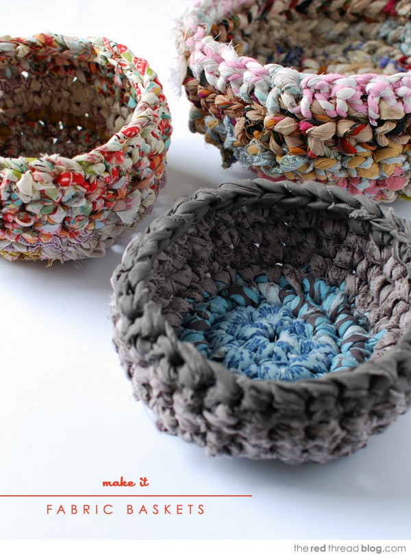 Cute Crochet Fabric Baskets. Use fabric scraps to make fabulous storage baskets. Tutorial via 