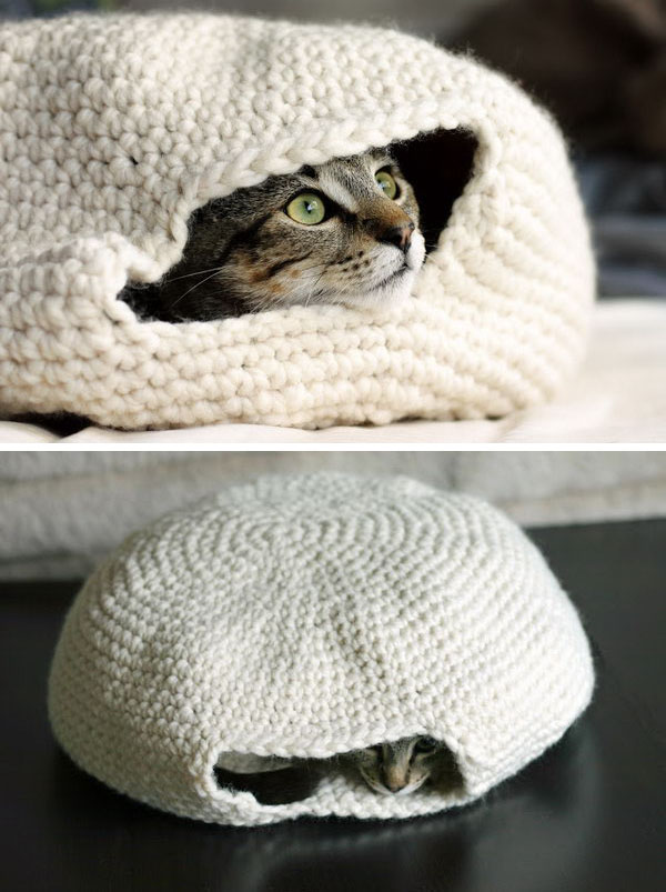 Easy Crochet Cozy Nest for Your Cat. Make this cute crocheted nest to hold your lovely cat around in the winter. It's easy (even for beginner) to crochet. 
