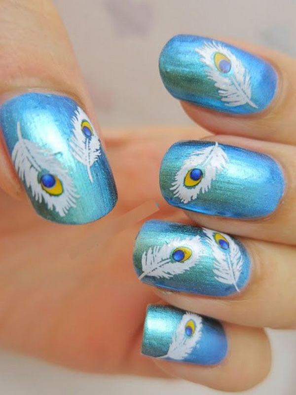 Free Hand Painted Peacock Feather Nail Art. Very pretty! I have to say, I am really into this feather design. 