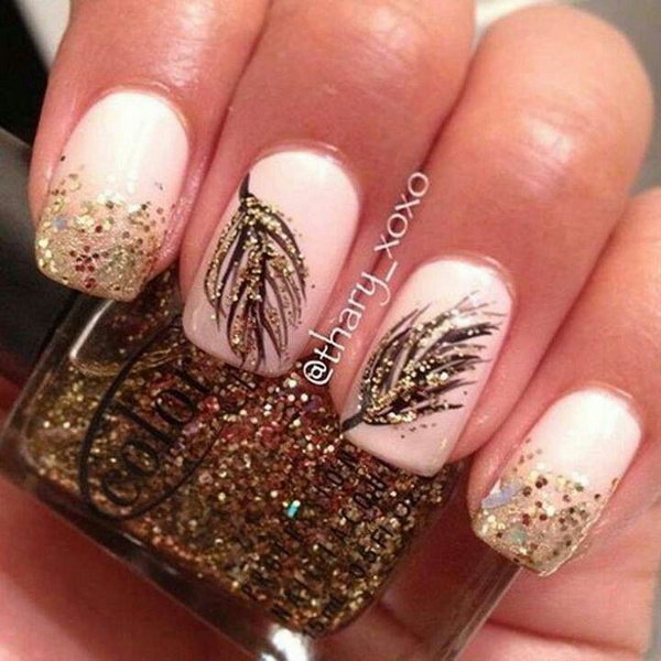Pink Base with Feathers and Glitter Nail Art. Very pretty! I have to say, I am really into this feather design. 