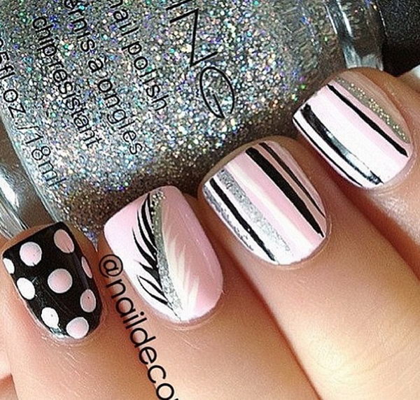 Pink Nails with Feather and Dots. Very pretty! I have to say, I am really into this feather design. 