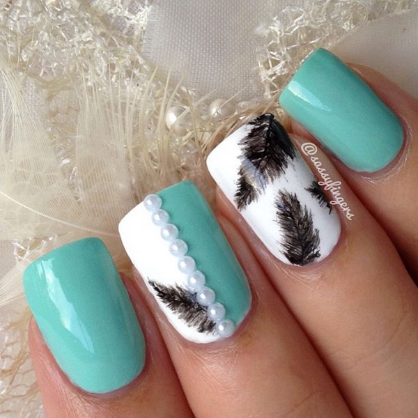 Green and White Nail Design with Feather and Pearls. Very pretty! I have to say, I am really into this feather design. 