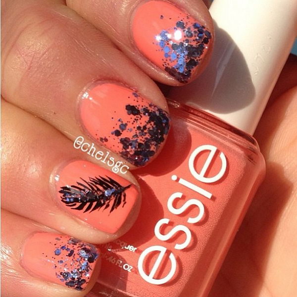 Glitter Gradient Feather Nails. Very pretty! I have to say, I am really into this feather design. 