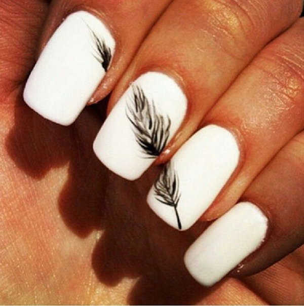 White Nail Designs with Feather. Very pretty! I have to say, I am really into this feather design. 