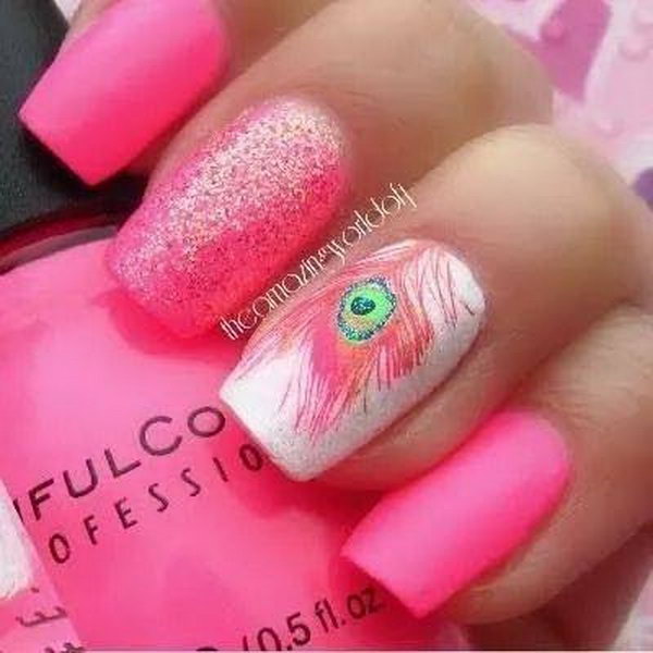 Pink Peacock Feather Nail Design. Very pretty! I have to say, I am really into this feather design. 