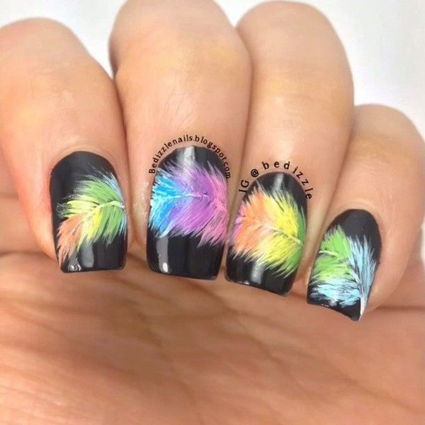 Black Nail Design with Rainbow Feather. Very pretty! I have to say, I am really into this feather design. 
