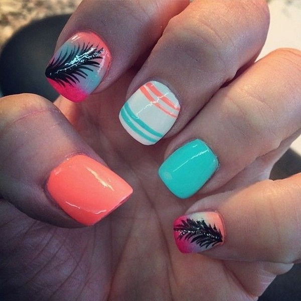 Neon Nail Design with Feather. Very pretty! I have to say, I am really into this feather design. 