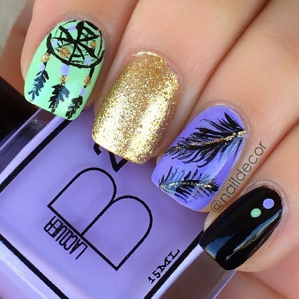 Dreamcatcher and Feather Nail Art. Very pretty! I have to say, I am really into this feather design. 
