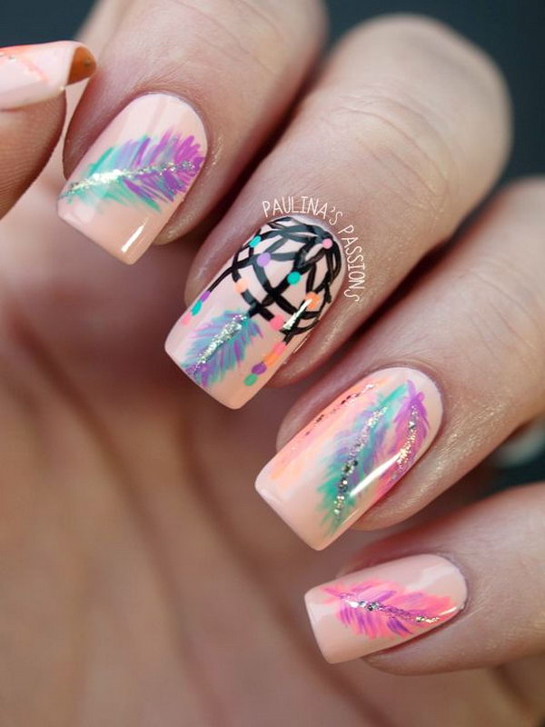 Beige Nail Design with Dreamcatcher and Feather Accents. Very pretty! I have to say, I am really into this feather design. 