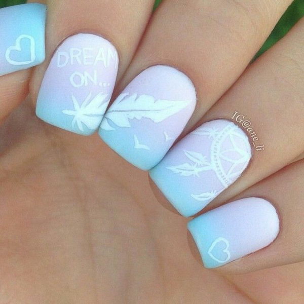 Pink and Blue Dreamcatcher and Feather Nail Art. Very pretty! I have to say, I am really into this feather design. 