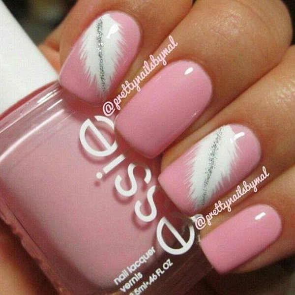 Pretty Pink & White Feathered Nail Art. Very pretty! I have to say, I am really into this feather design. 