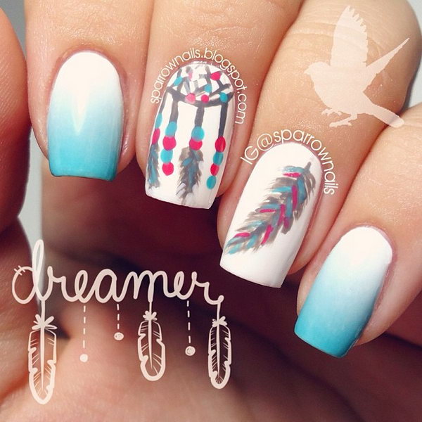 Mint Green and White Nail Design with Dreamcatcher and Feather. Very pretty! I have to say, I am really into this feather design. 