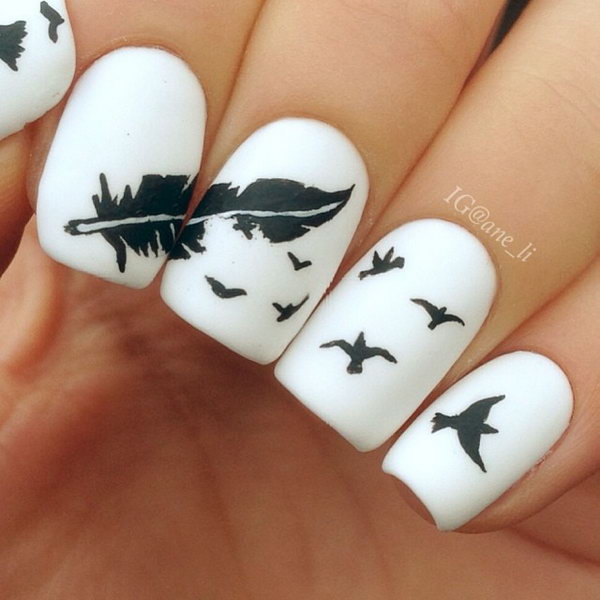 Bird and Feather Nails. Very pretty! I have to say, I am really into this feather design. 