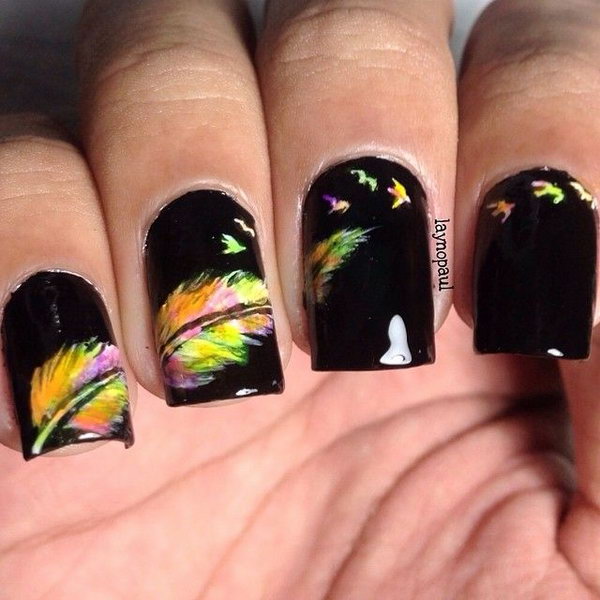 Neon Multicolor Feather Nail Art. Very pretty! I have to say, I am really into this feather design. 