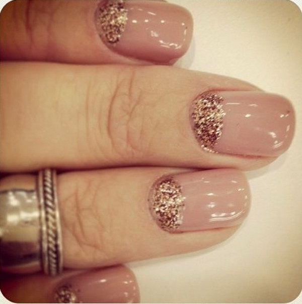 Nude with Glitter Half Moon Nails. 