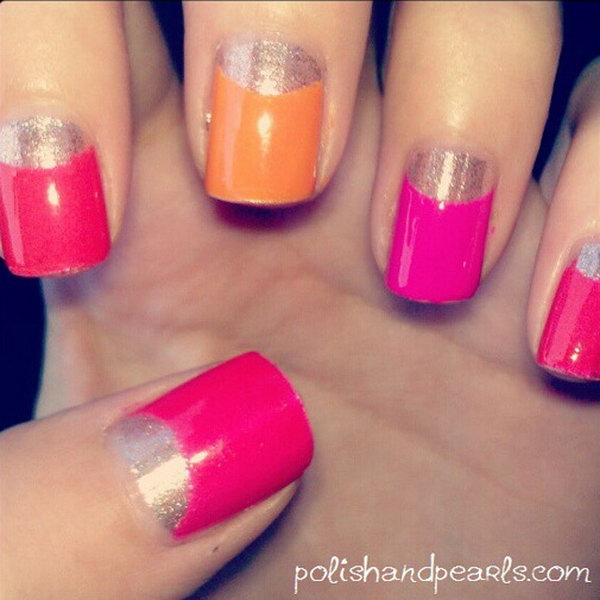 Pink, Orange and Glittery Gold Half Moon Nail Design. 