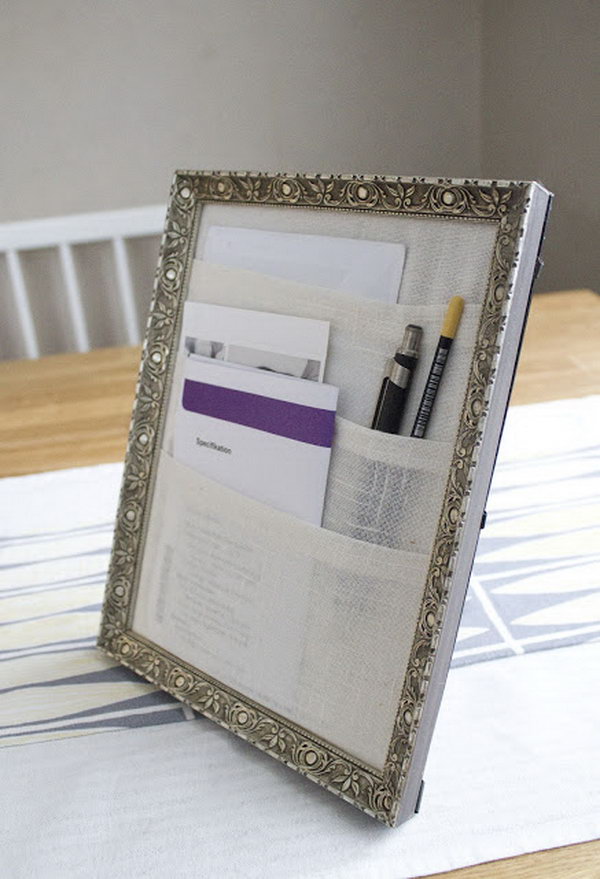 Framed Table Organizer. An ideal way to store your reminding notes. It can be hung on the wall to save the desk space. Learn how to make it 