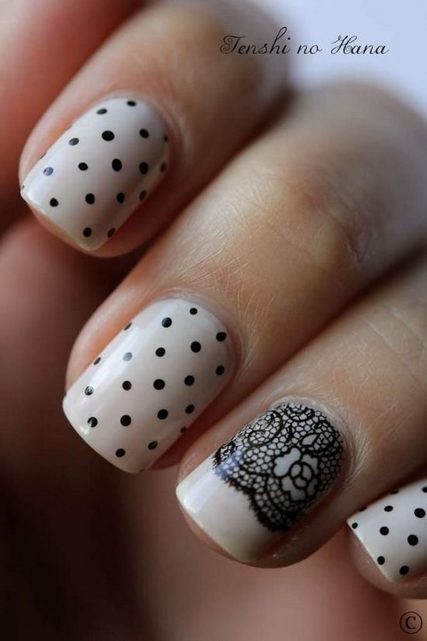 Lace Nail Art Idea With Polka Dots. 