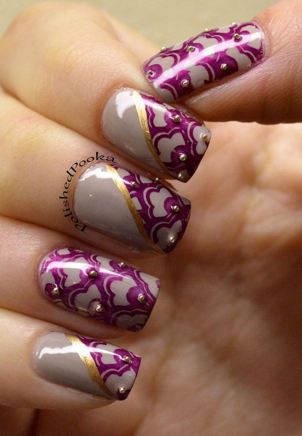 Purple Lace with Bead Accent Nails. 