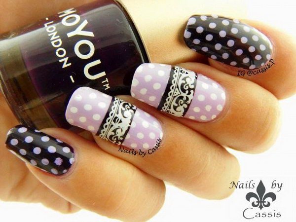 Girly Purple Polka Dots and Lace Nail Art. 