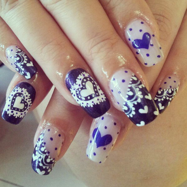 Lace and Hearts Accent Nails. 
