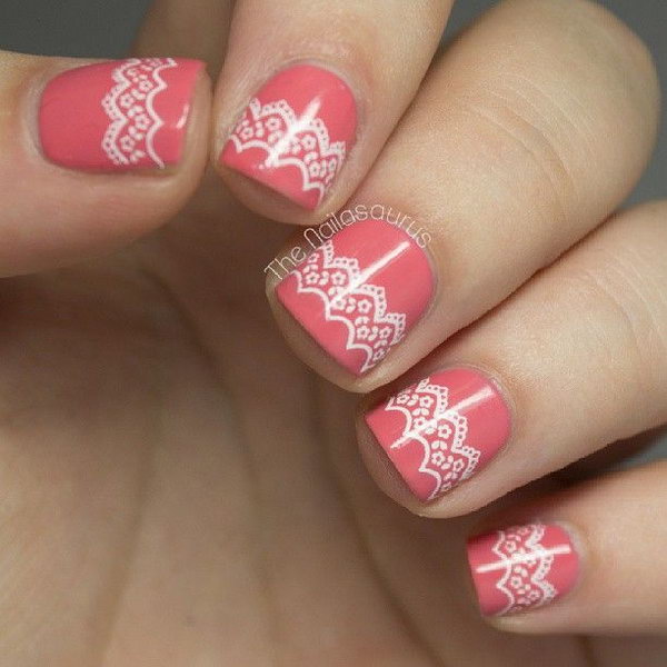 Coral Background and White Lace Nails. 