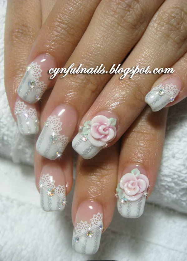 Bridal Lace and Roses Nail Design. 